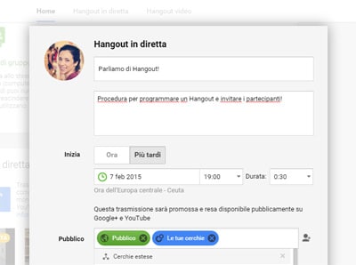 Programmare Hangout in diretta