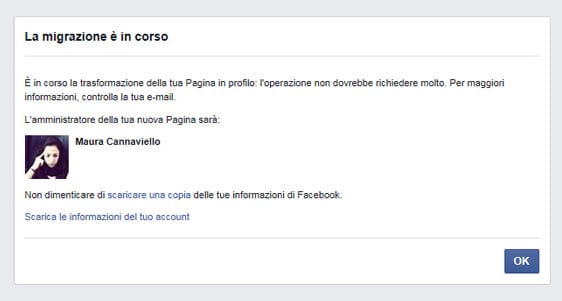 Converti il profilo in pagina conferma