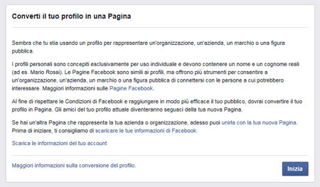 Converti il profilo in pagina errore