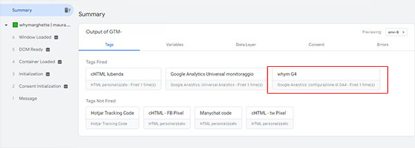 Tag Manager e tag GA4 test